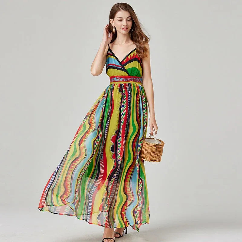 Women's High Waist Dress with Printed Pattern and Elegant Sling Chiffon - Allen-Fitness