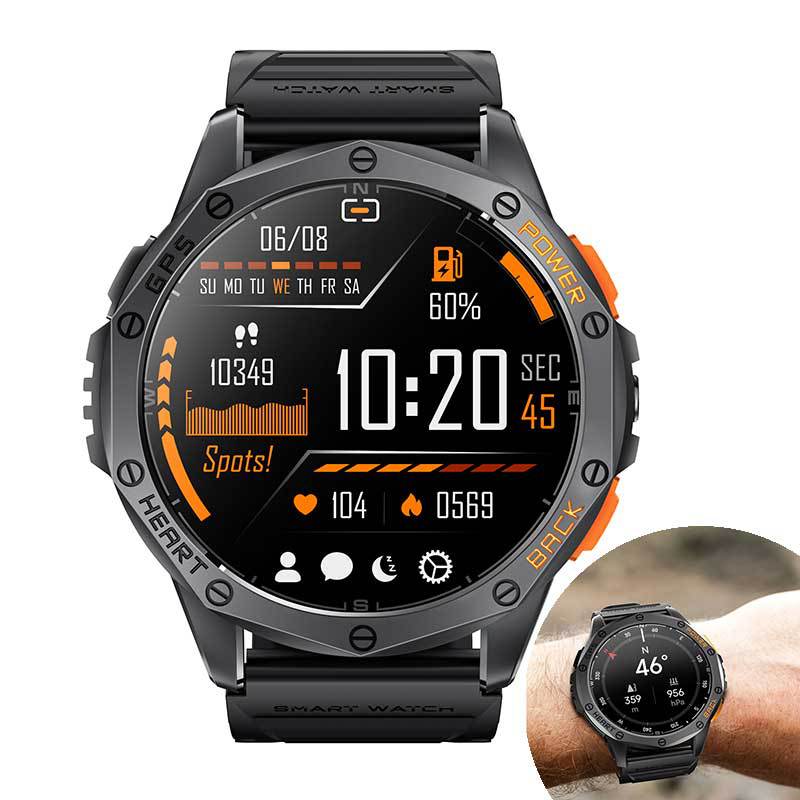 K67 Bluetooth Calling Compass AMOLED Smart Watch in a sleek black design with charging cable and manual.