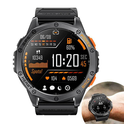 K67 Bluetooth Calling Compass AMOLED Smart Watch in a sleek black design with charging cable and manual.