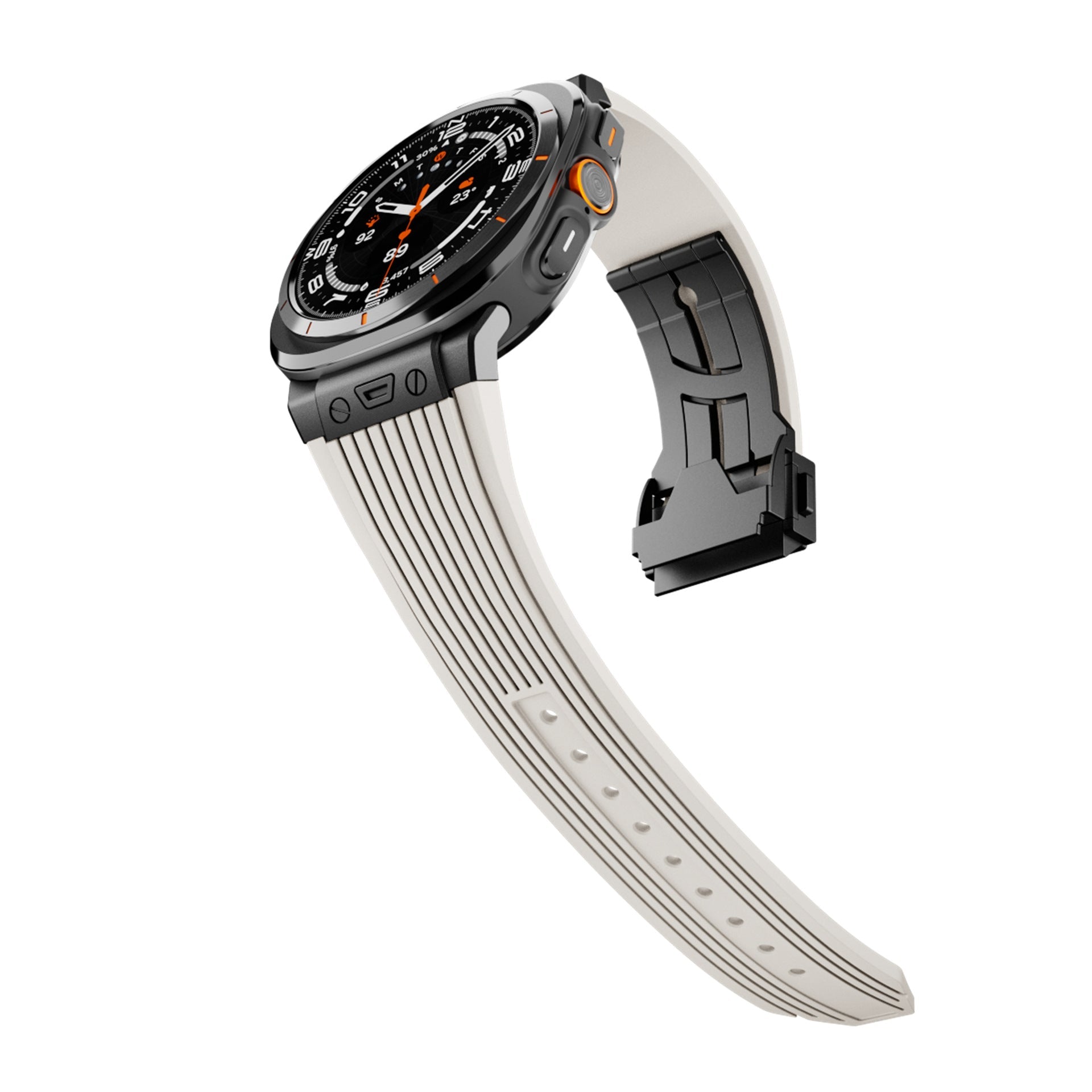 Fashionable Premium Silicone Alloy Head Grain Watch Strap displayed on an Apple Watch, emphasizing its premium design.