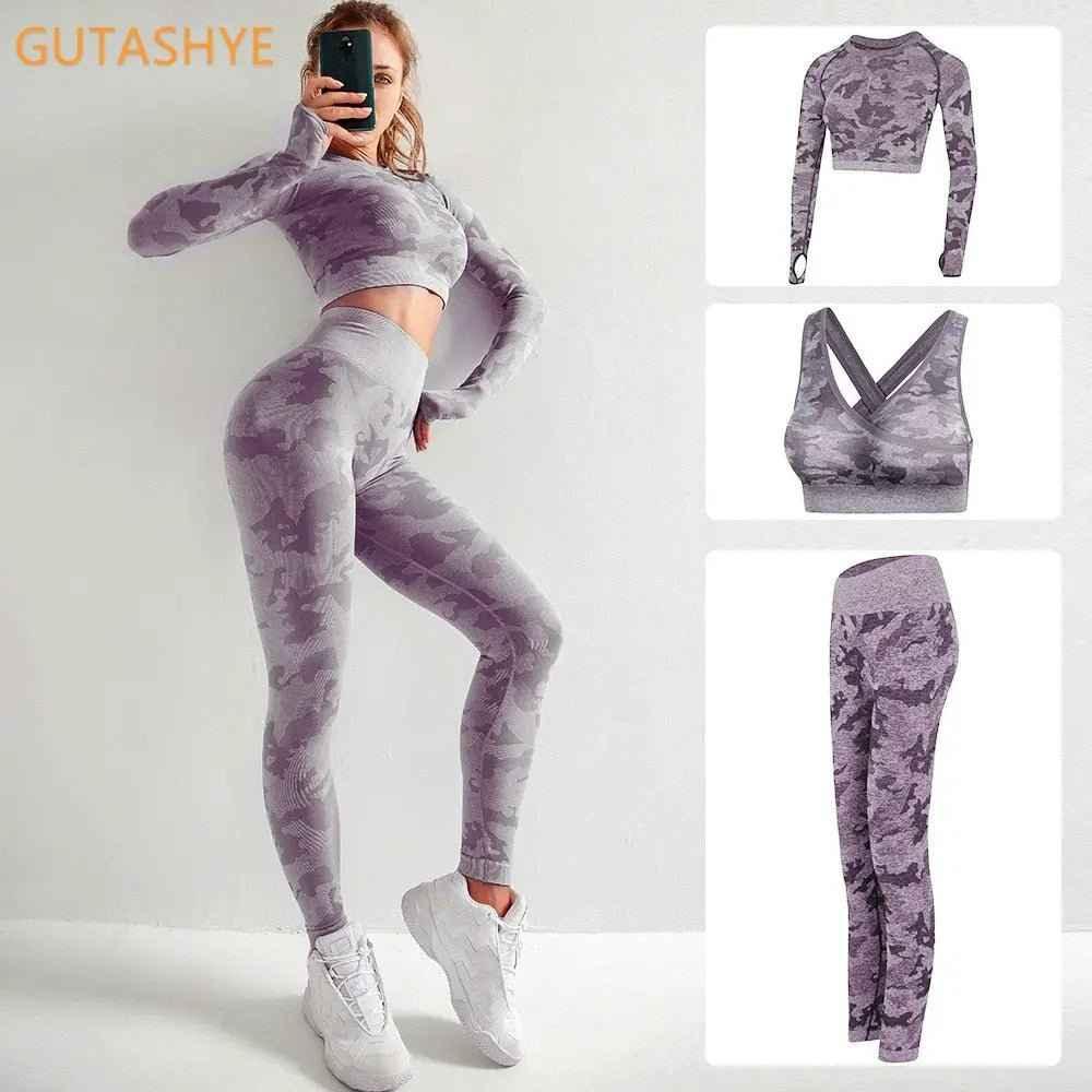 3PCS Camouflage Yoga Set for Women Seamless Fitness Yoga Bra Sports Bra High Waist GYM Camo leggings Pants Fitness Suits Workout - Allen-Fitness