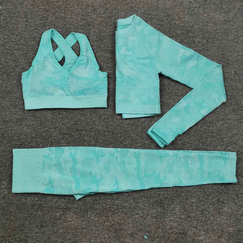 3PCS Camouflage Yoga Set for Women Seamless Fitness Yoga Bra Sports Bra High Waist GYM Camo leggings Pants Fitness Suits