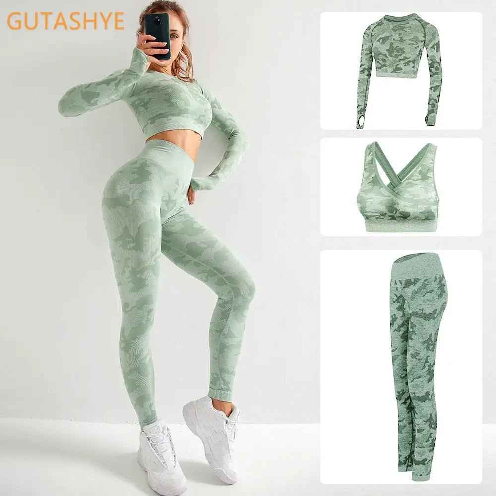 3PCS Camouflage Yoga Set for Women Seamless Fitness Yoga Bra Sports Bra High Waist GYM Camo leggings Pants Fitness Suits Workout