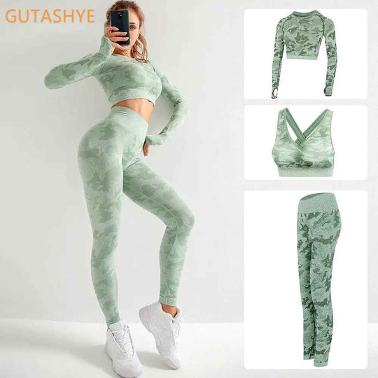 3PCS Camouflage Yoga Set for Women Seamless Fitness Yoga Bra Sports Bra High Waist GYM Camo leggings Pants Fitness Suits