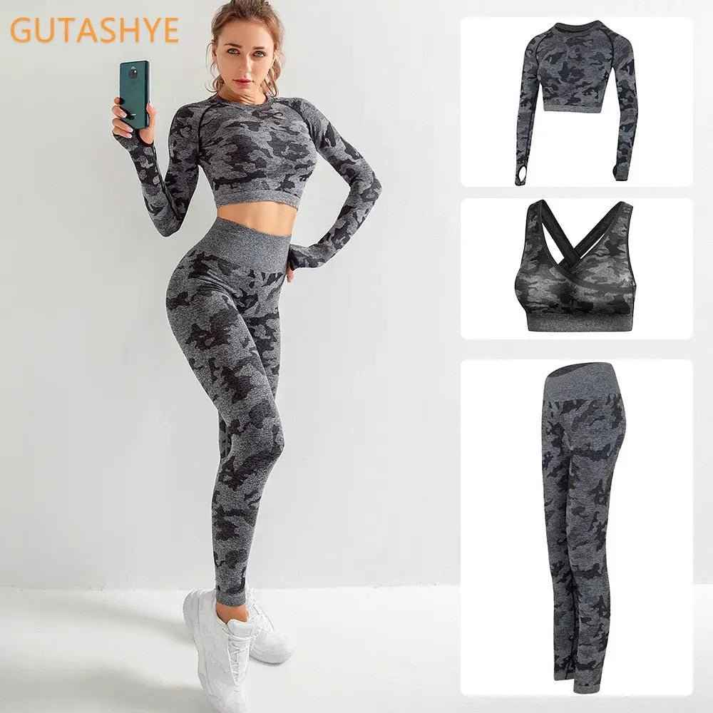 3PCS Camouflage Yoga Set for Women Seamless Fitness Yoga Bra Sports Bra High Waist GYM Camo leggings Pants Fitness Suits