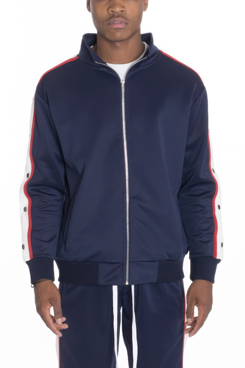 Navy tracksuit with red and white stripes on a white background