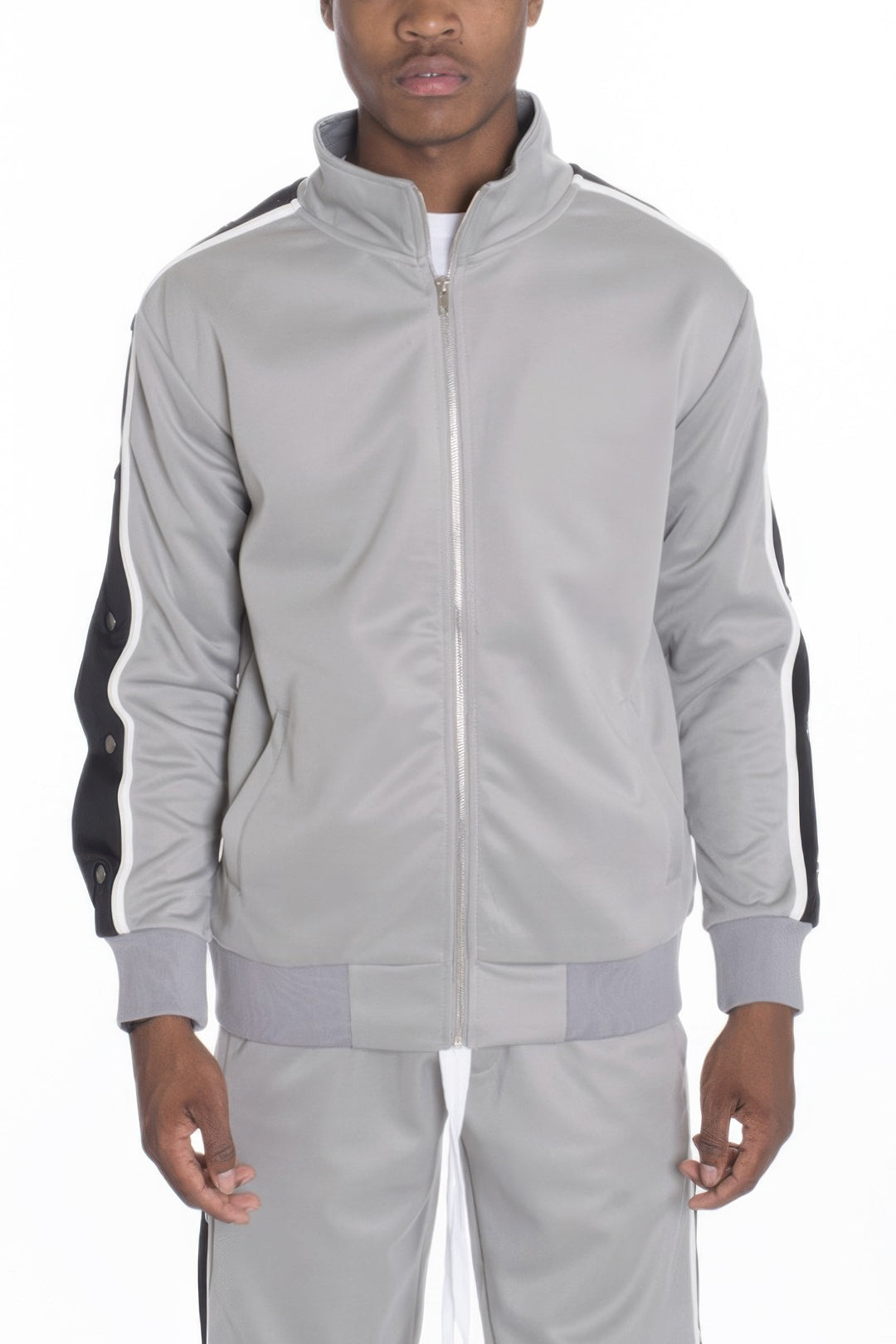 Gray tracksuit with black and white stripes on a white background