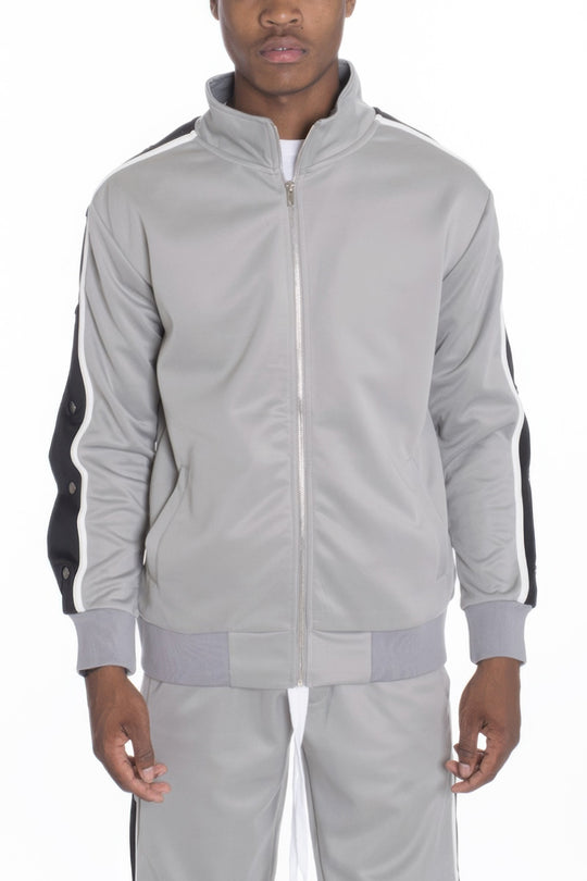 Gray tracksuit with black and white stripes on a white background