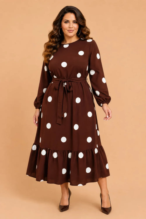 Plus Size Polka Dot Long Sleeve Ruffle Midi Dress