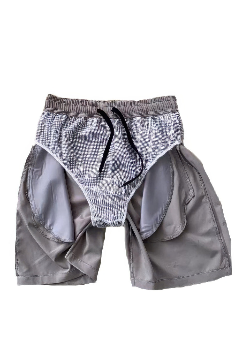 Gray athletic shorts with a drawstring on a white background