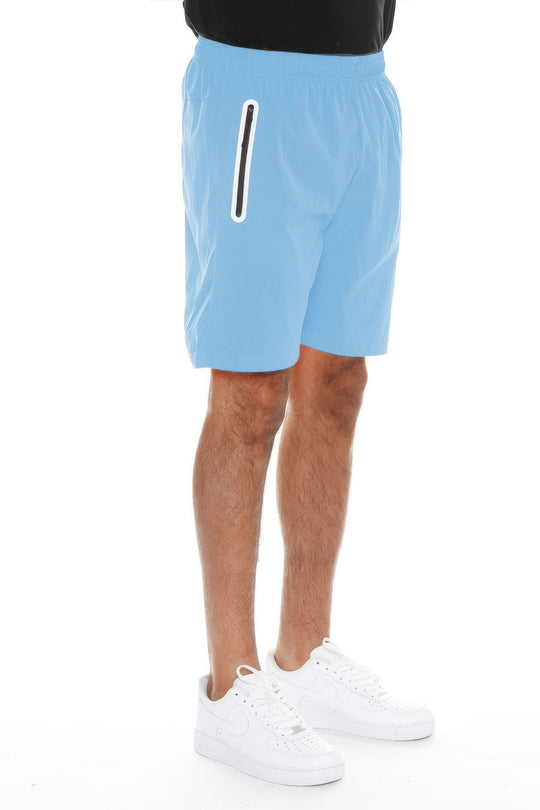 Light blue shorts with a black stripe on a white background