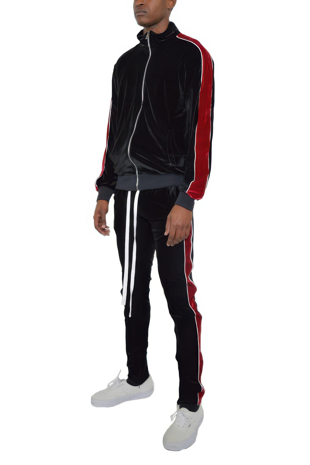 Person wearing a black and red tracksuit with white stripes on a white background