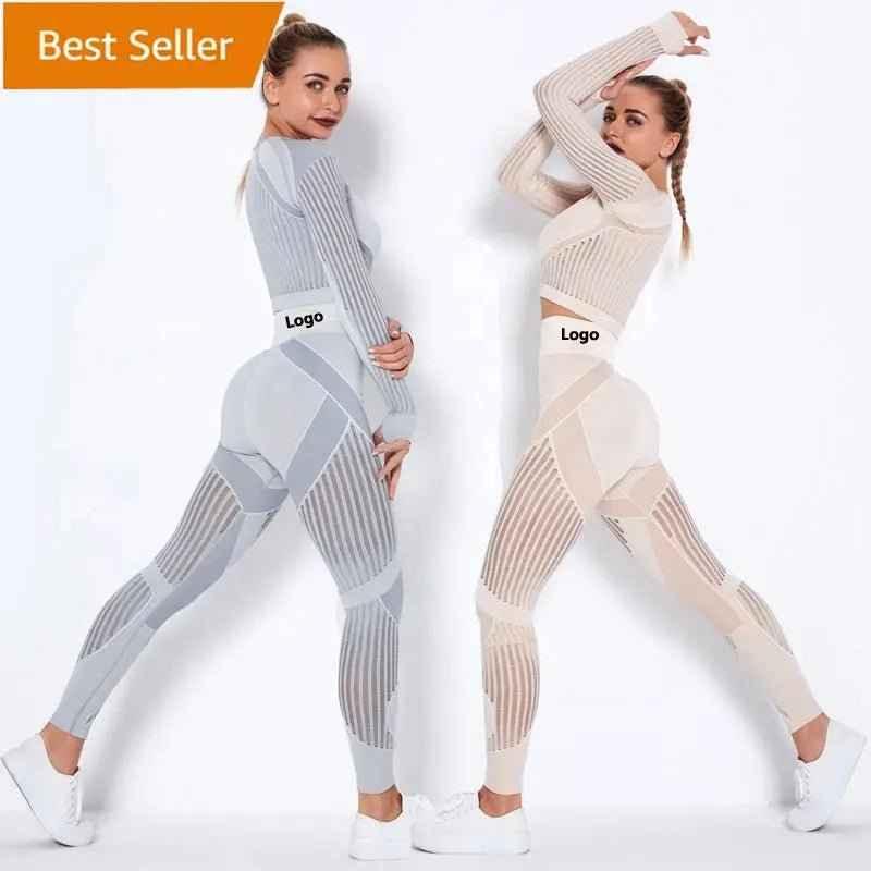 High Waist Leggings Set for Women, Seamless Long Sleeve Yoga Tracksuit for Fitness and Workout - Allen-Fitness