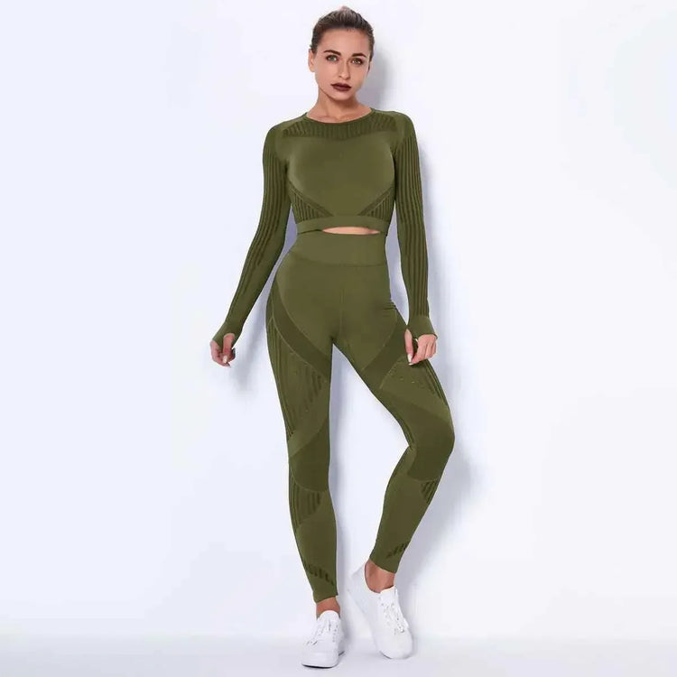 High Waist Leggings Set for Women, Seamless Long Sleeve Yoga Tracksuit for Fitness and Workout - Allen-Fitness