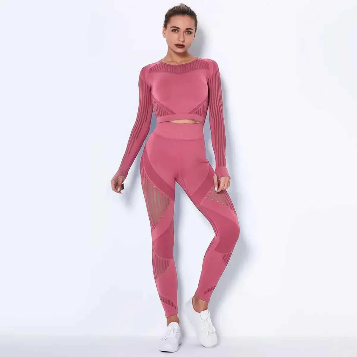 High Waist Leggings Set for Women, Seamless Long Sleeve Yoga Tracksuit for Fitness and Workout - Allen-Fitness
