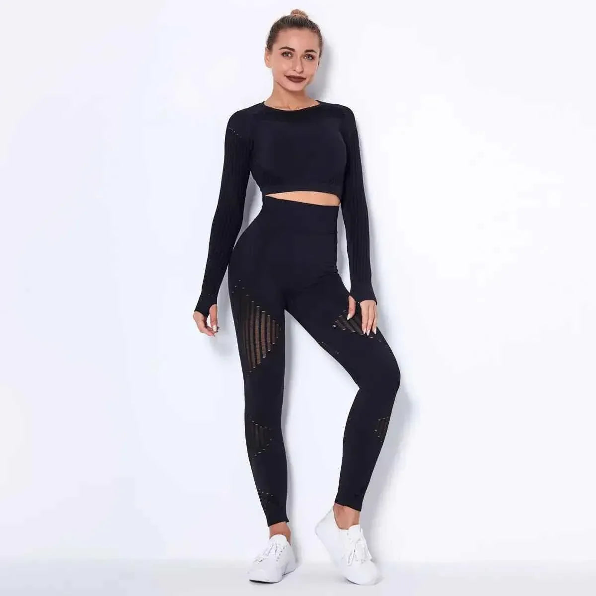 High Waist Leggings Set for Women, Seamless Long Sleeve Yoga Tracksuit for Fitness and Workout - Allen-Fitness