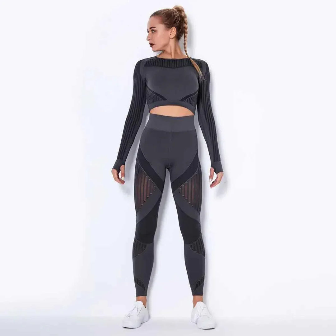 High Waist Leggings Set for Women, Seamless Long Sleeve Yoga Tracksuit for Fitness and Workout - Allen-Fitness
