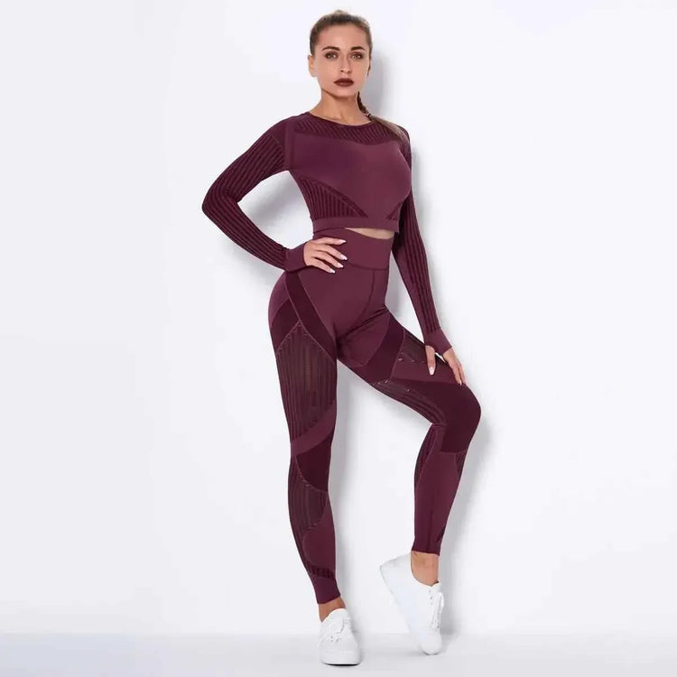 High Waist Leggings Set for Women, Seamless Long Sleeve Yoga Tracksuit for Fitness and Workout - Allen-Fitness