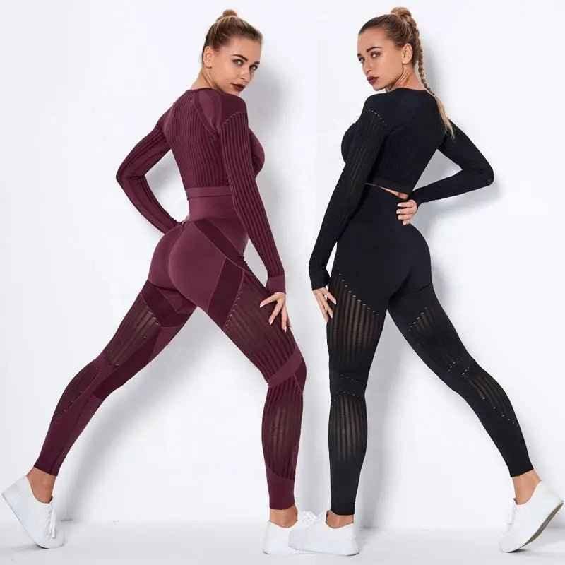 High Waist Leggings Set for Women, Seamless Long Sleeve Yoga Tracksuit for Fitness and Workout - Allen-Fitness