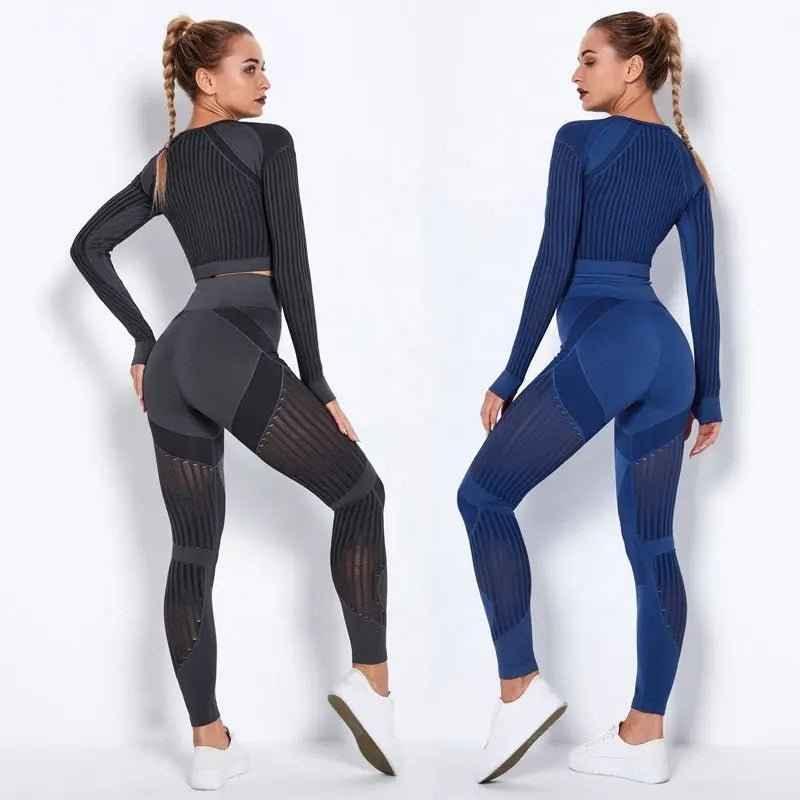 High Waist Leggings Set for Women, Seamless Long Sleeve Yoga Tracksuit for Fitness and Workout - Allen-Fitness