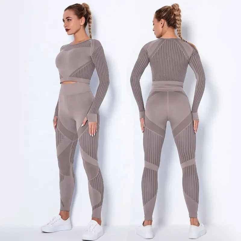 High Waist Leggings Set for Women, Seamless Long Sleeve Yoga Tracksuit for Fitness and Workout - Allen-Fitness