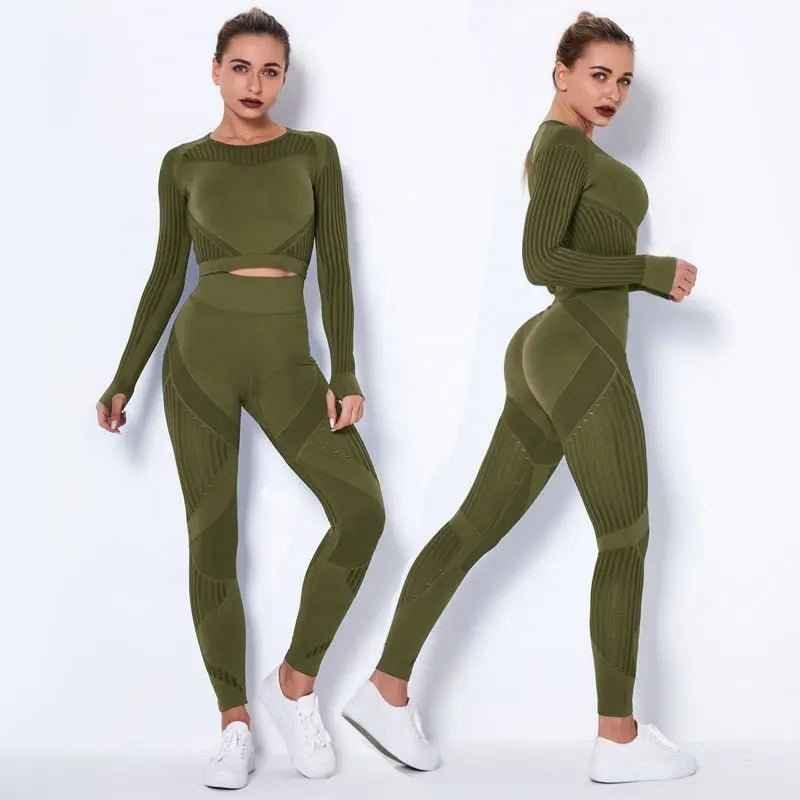 High Waist Leggings Set for Women, Seamless Long Sleeve Yoga Tracksuit for Fitness and Workout - Allen-Fitness