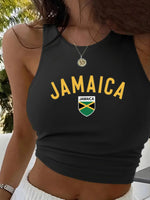 Women's Jamaica Graphic Print Crop Tank Top Black Sleeveless Stretchy Polyester Blend Casual Top - Allen-Fitness