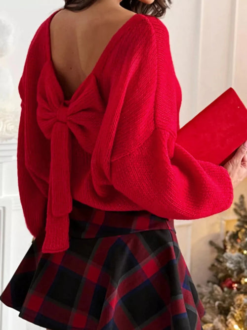 Women Back Bowknot Long Sleeve Sweater