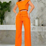 Women's Elegant Orange Two-Piece Set with Quarter Sleeves - Allen-Fitness