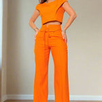 Women's Elegant Orange Two-Piece Set with Quarter Sleeves - Allen-Fitness