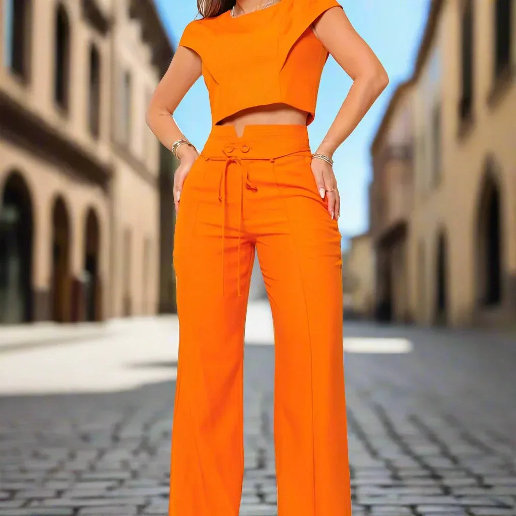 Women's Elegant Orange Two-Piece Set with Quarter Sleeves - Allen-Fitness