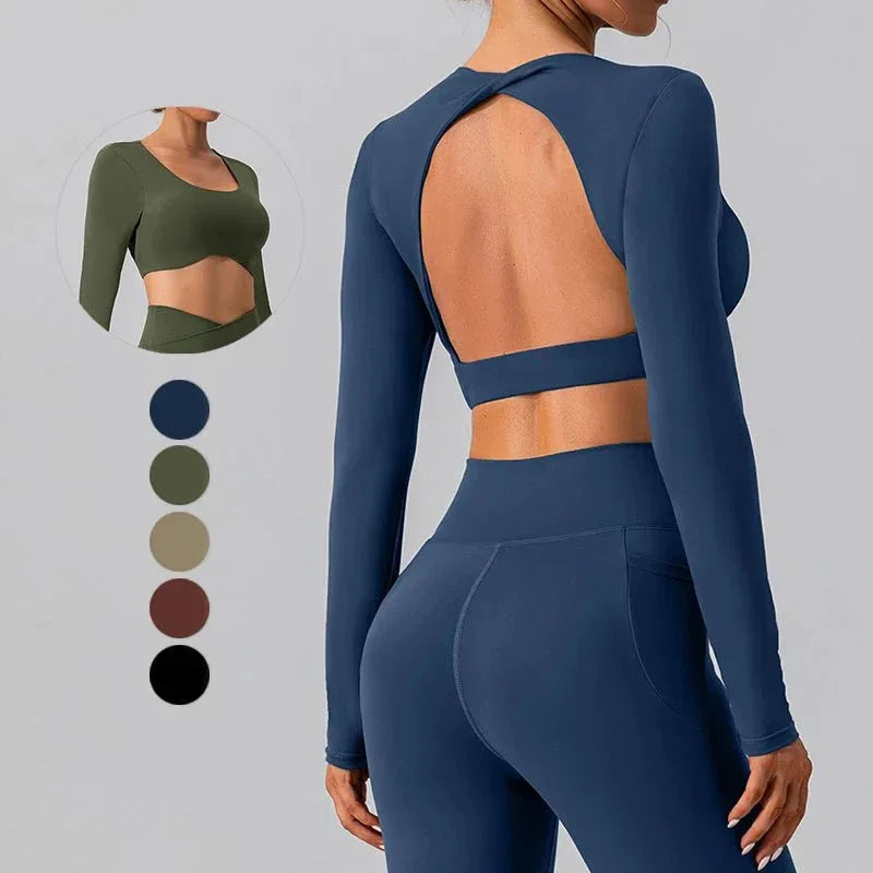 Women Breathable Workout Shirts Backless Long Sleeve Yoga Sport Bras Fitness Tops - Allen-Fitness