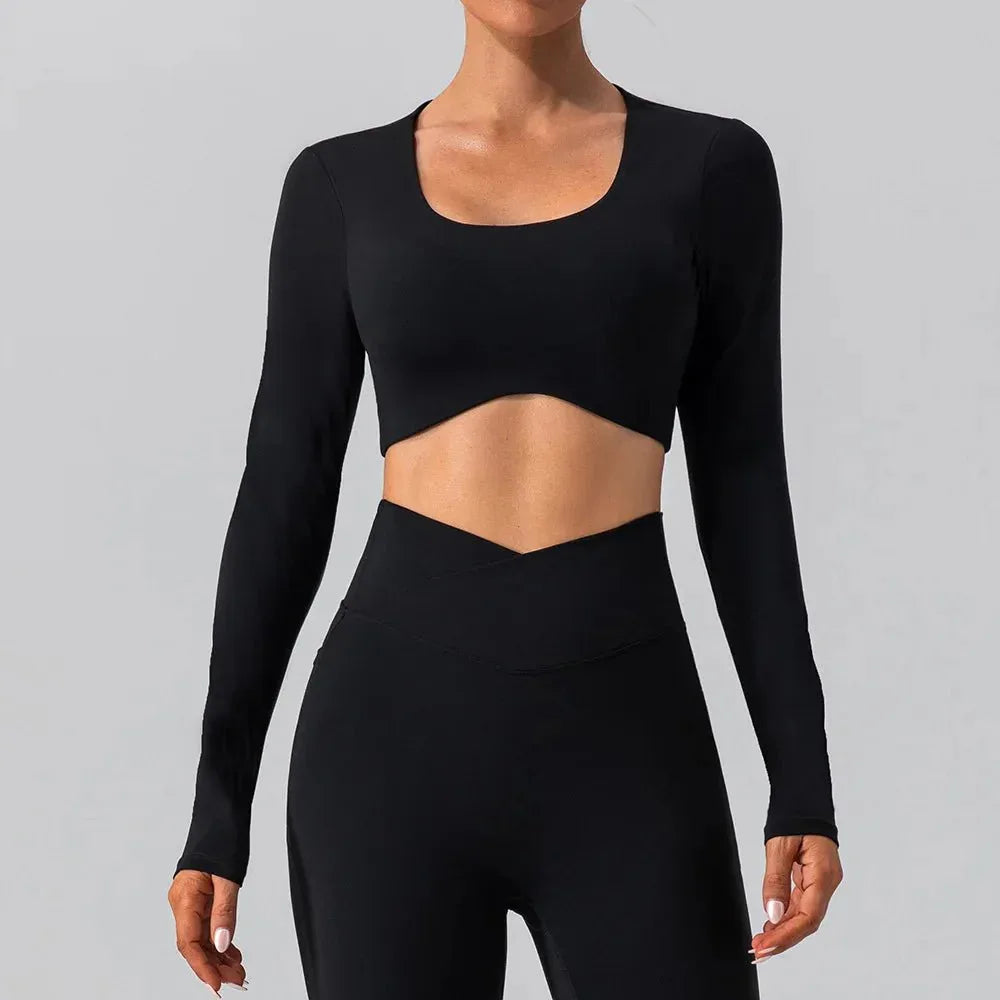 Women Breathable Workout Shirts Backless Long Sleeve Yoga Sport Bras Fitness Tops - Allen-Fitness