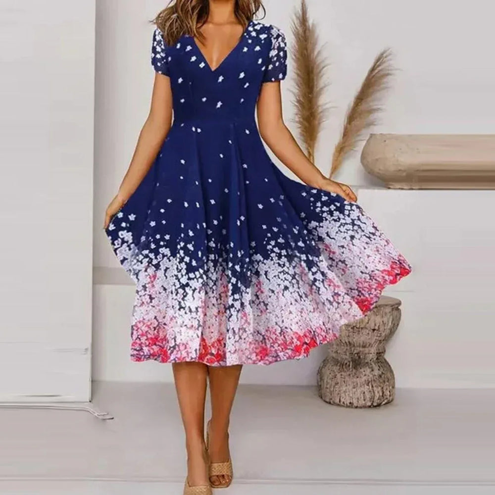 Beautiful Floral Printed V-Neck Short Sleeve Summer Dress for Women - Allen-Fitness