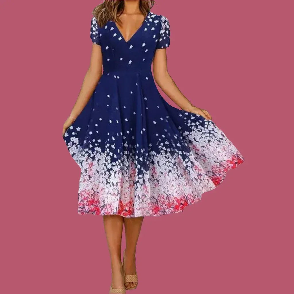 Beautiful Floral Printed V-Neck Short Sleeve Summer Dress for Women - Allen-Fitness