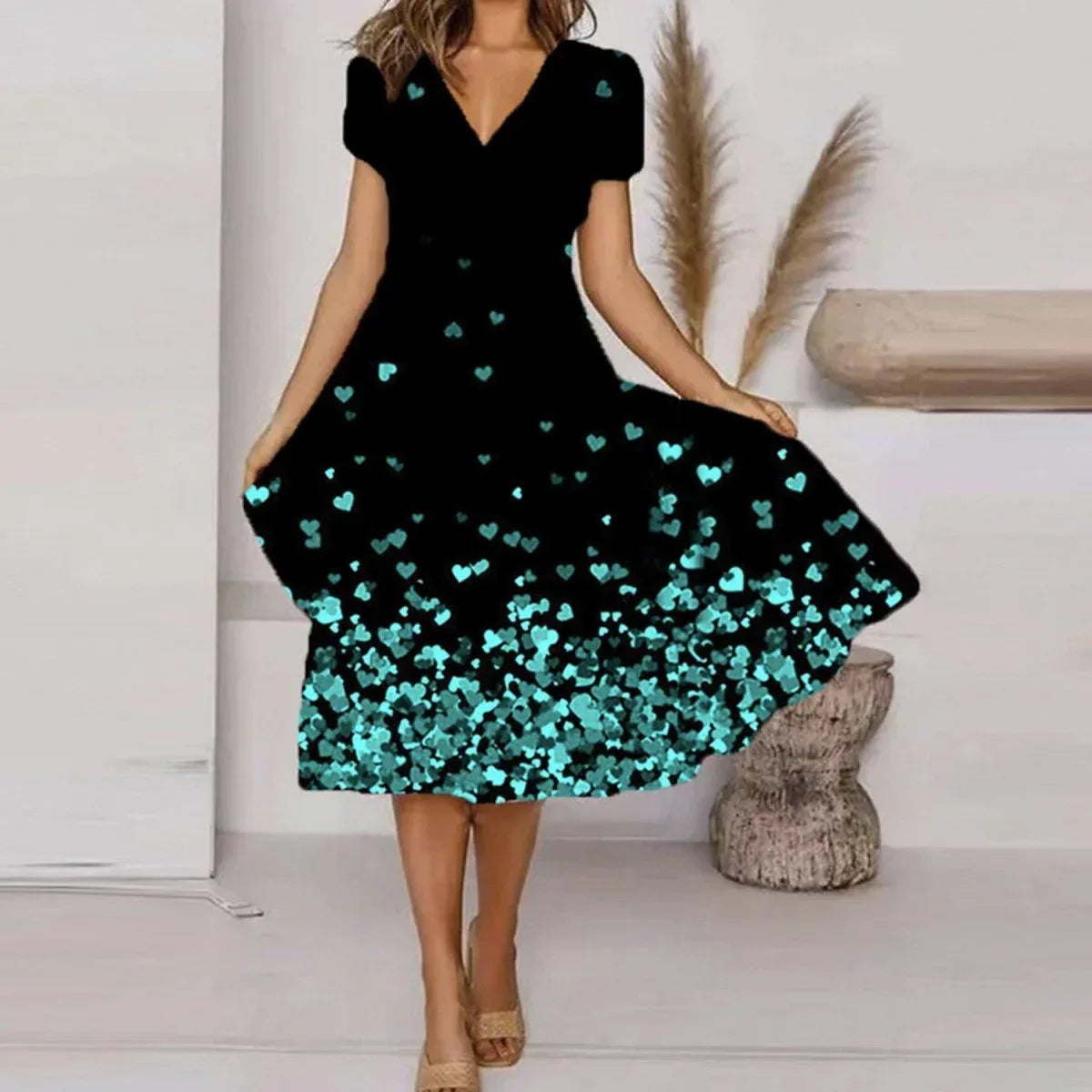 Beautiful Floral Printed V-Neck Short Sleeve Summer Dress for Women - Allen-Fitness
