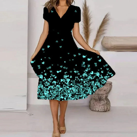 Beautiful Floral Printed V-Neck Short Sleeve Summer Dress for Women - Allen-Fitness