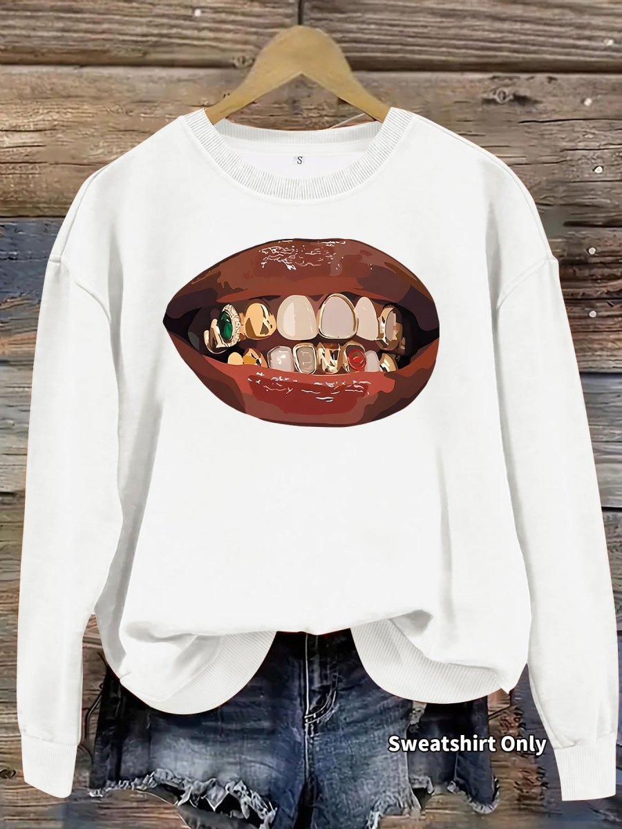 Black lip print loose women's fleece sweatshirt - Premium Fitness & Activewear