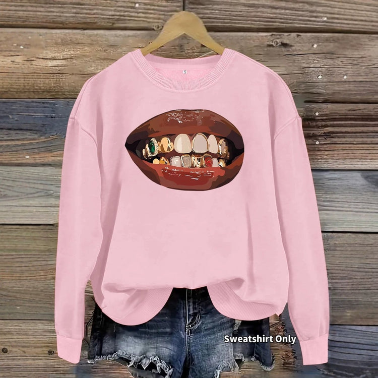 Black lip print loose women's fleece sweatshirt - Premium Fitness & Activewear