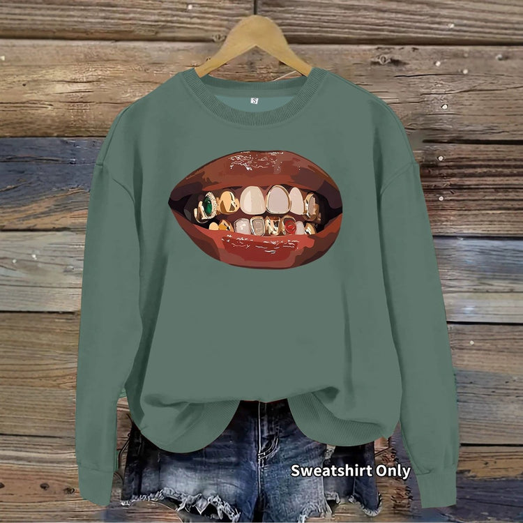 Black lip print loose women's fleece sweatshirt - Premium Fitness & Activewear