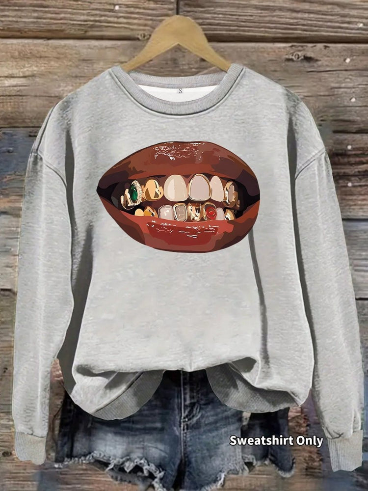 Black lip print loose women's fleece sweatshirt - Premium Fitness & Activewear