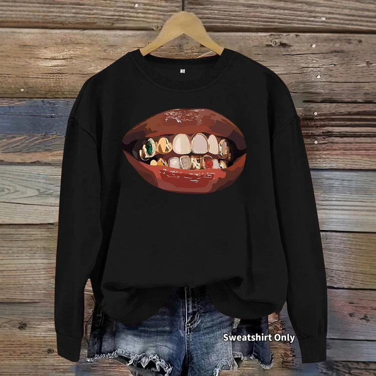 Black lip print loose women's fleece sweatshirt - Premium Fitness & Activewear