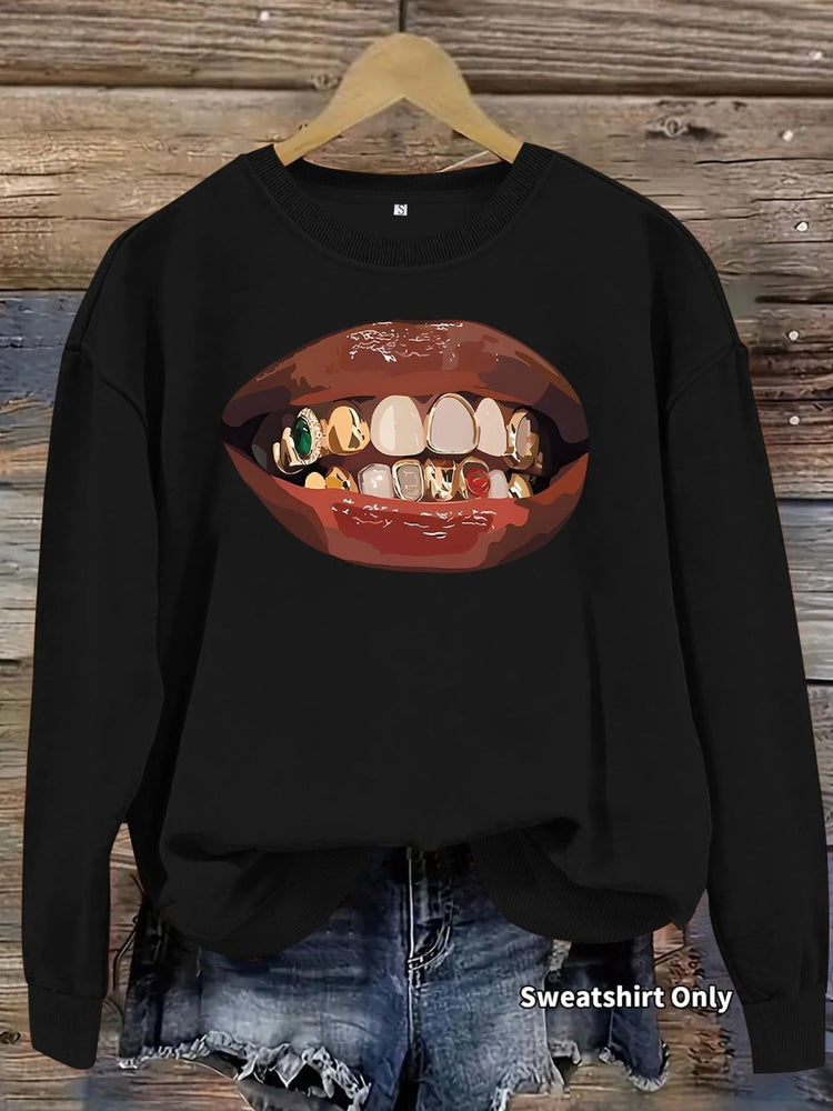 Black lip print loose women's fleece sweatshirt - Premium Fitness & Activewear