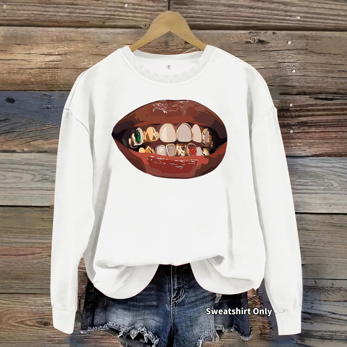 Black lip print loose women's fleece sweatshirt - Premium Fitness & Activewear