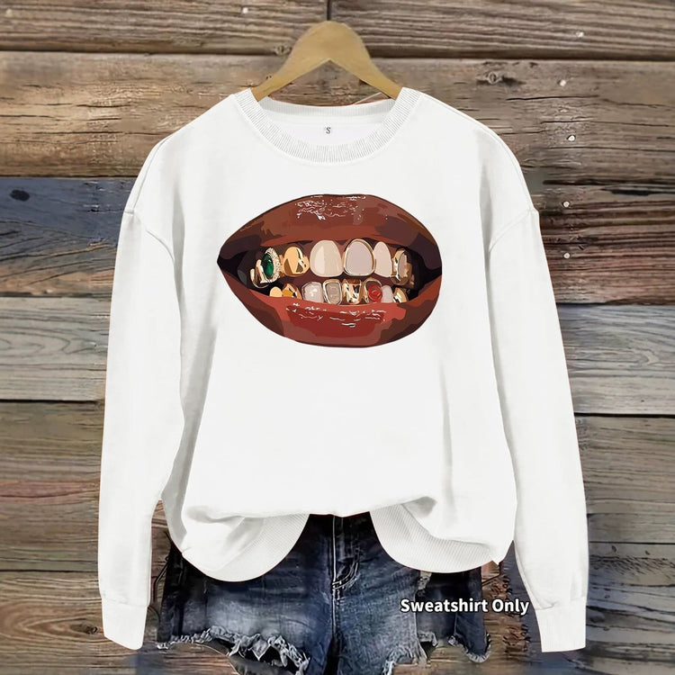 Black lip print loose women's fleece sweatshirt - Premium Fitness & Activewear