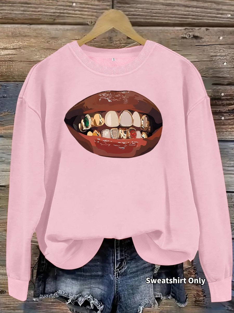 Black lip print loose women's fleece sweatshirt - Premium Fitness & Activewear