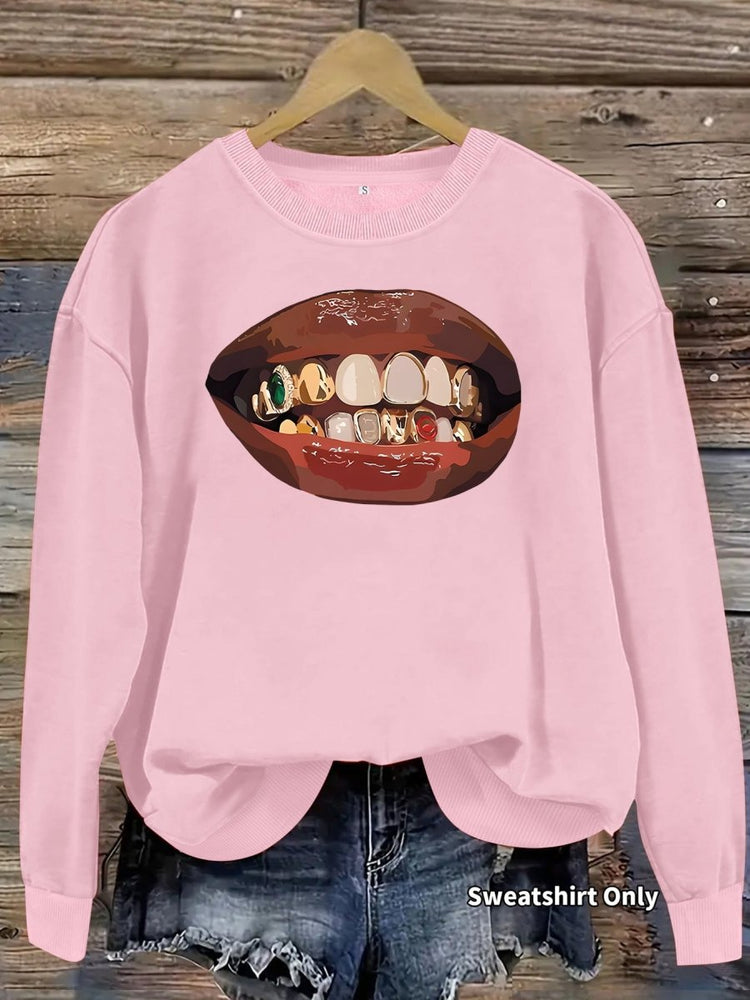 Black lip print loose women's fleece sweatshirt - Premium Fitness & Activewear