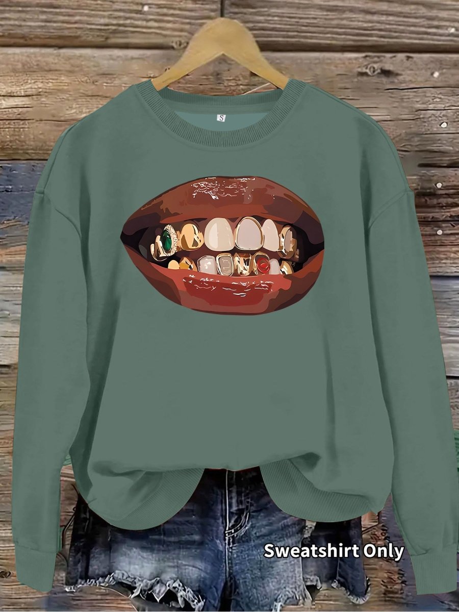 Black lip print loose women's fleece sweatshirt - Premium Fitness & Activewear