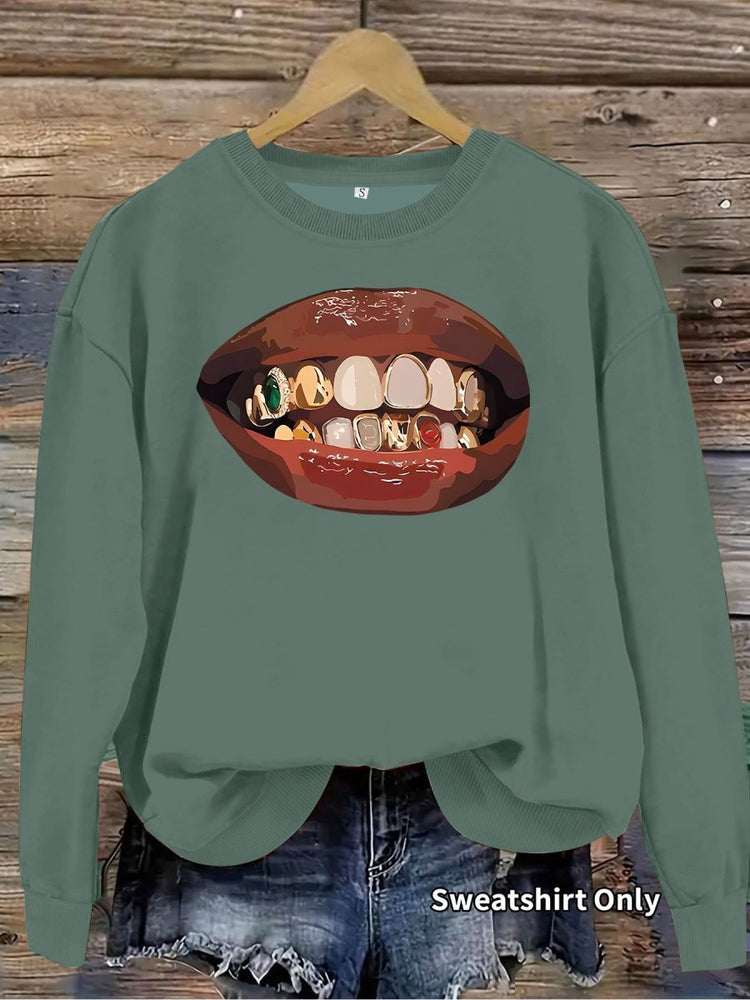 Black lip print loose women's fleece sweatshirt - Premium Fitness & Activewear