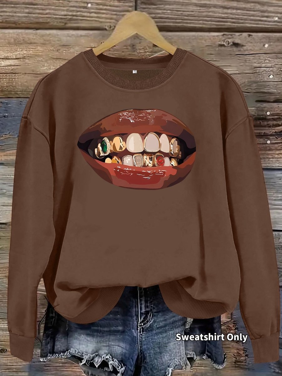 Black lip print loose women's fleece sweatshirt - Premium Fitness & Activewear